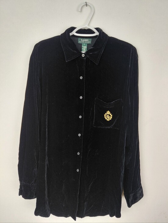 Lauren Ralph Lauren Tops - Lauren Ralph Lauren Womens Velvet Button Up Long Sleeve Blouse Emblem Size Large